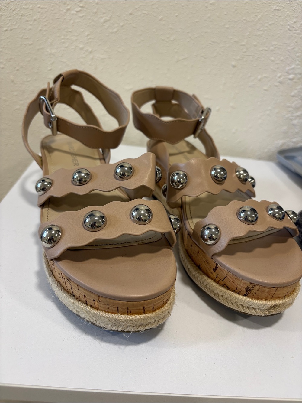 Marc Fisher Nude Tan Platform Studded Espadrille Sandals